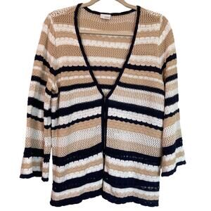 Ecru Womens S Crochet Linen Blend Stripe Cardigan Lagenlook Beachy Coastal Boho